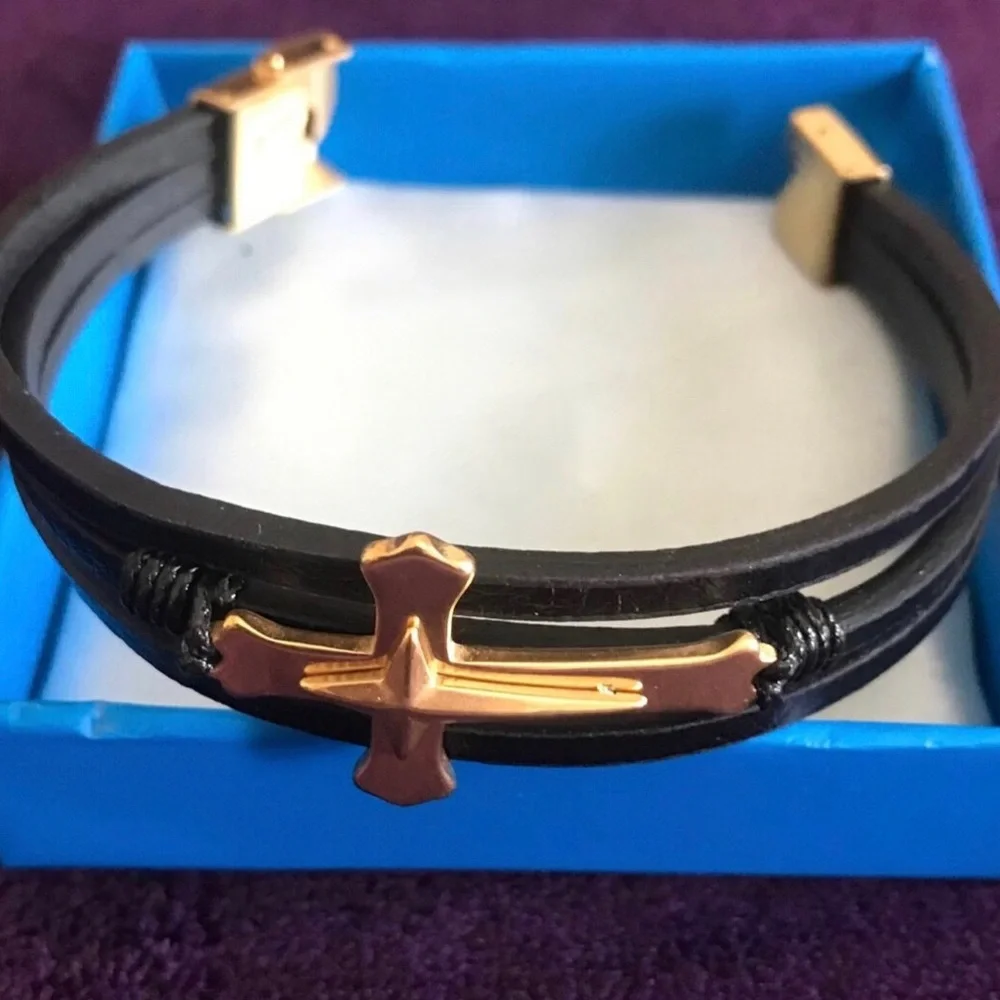 Gold Cross Black Leather Bracelet